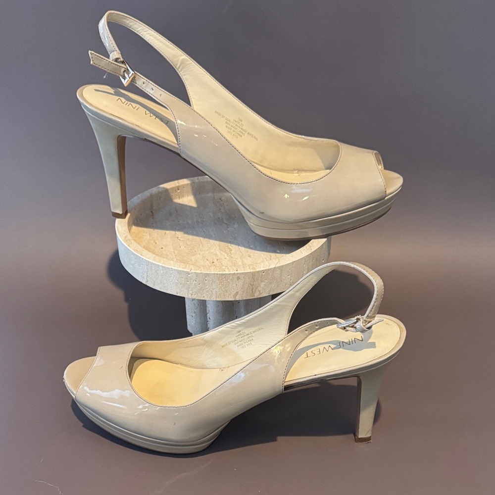 Nine West Beige Peep-Toe Slingback Platform Heels Size 10 Very Good Condition